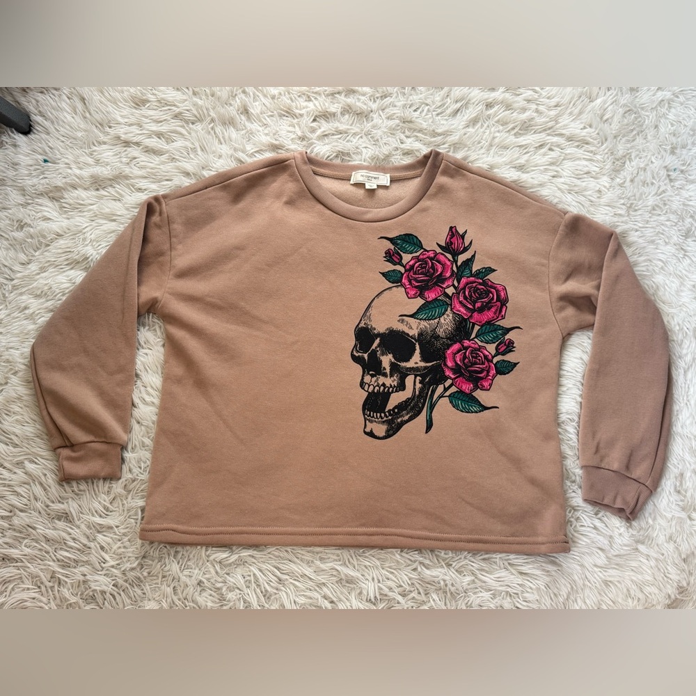 No Comment Skull and Flower Brown Tan Sweater Size XL Gothic Goth